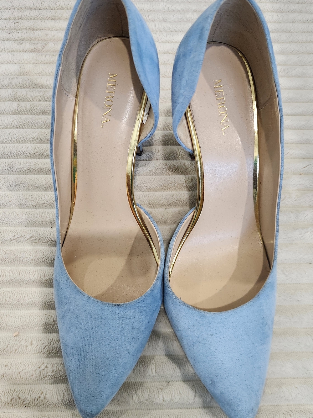 Merona Light Blue Suede Pointed Toe Heels with Gold Trim